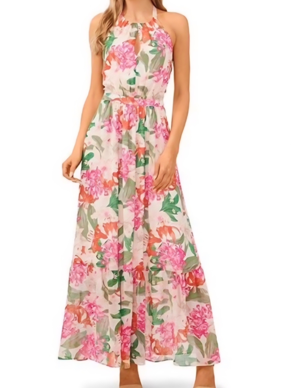 CeCe Floral Halter Maxi Dress in Pink, Green & Cream